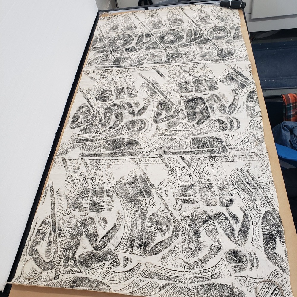 Vintage Cambodia Temple Rubbing Seated Warriors Rice Paper Art Black Ink 46x23